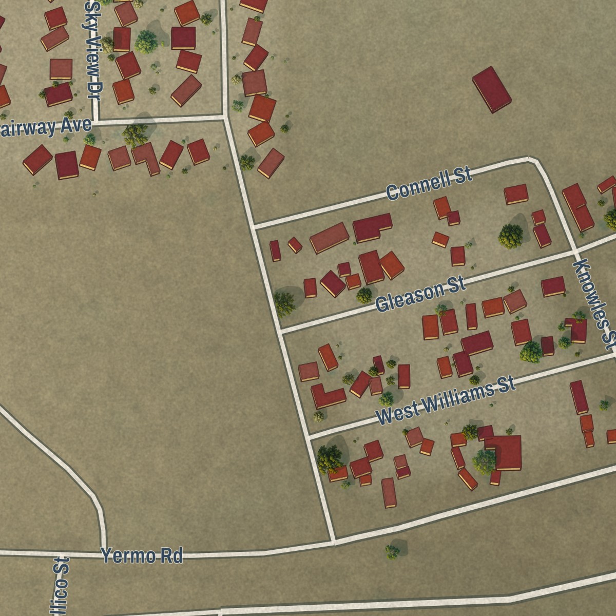 Second close-up of the map of Yermo, California print showing more streets and buildings