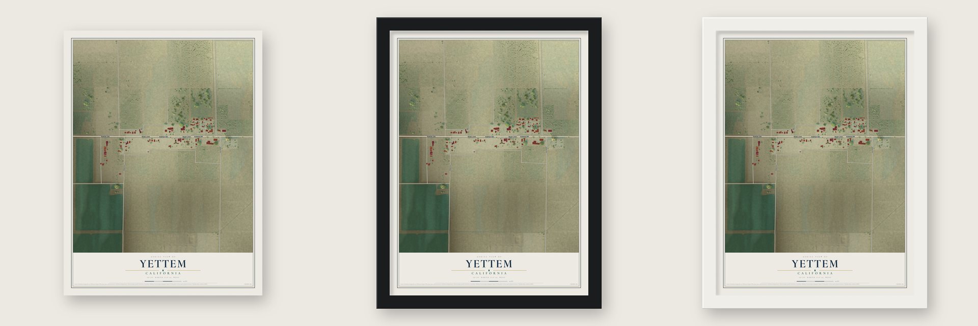 Yettem, California map unframed, in a black wood frame and in a white wood frame