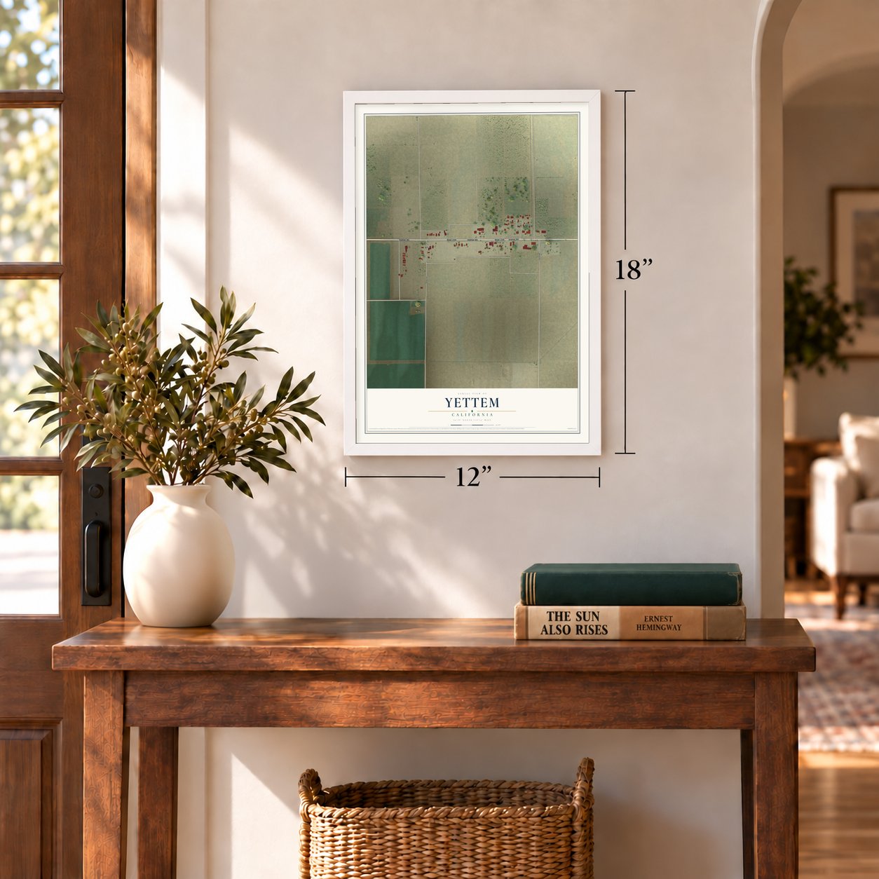 Yettem, California map, 12 x 18 inch print in a white frame in an entryway