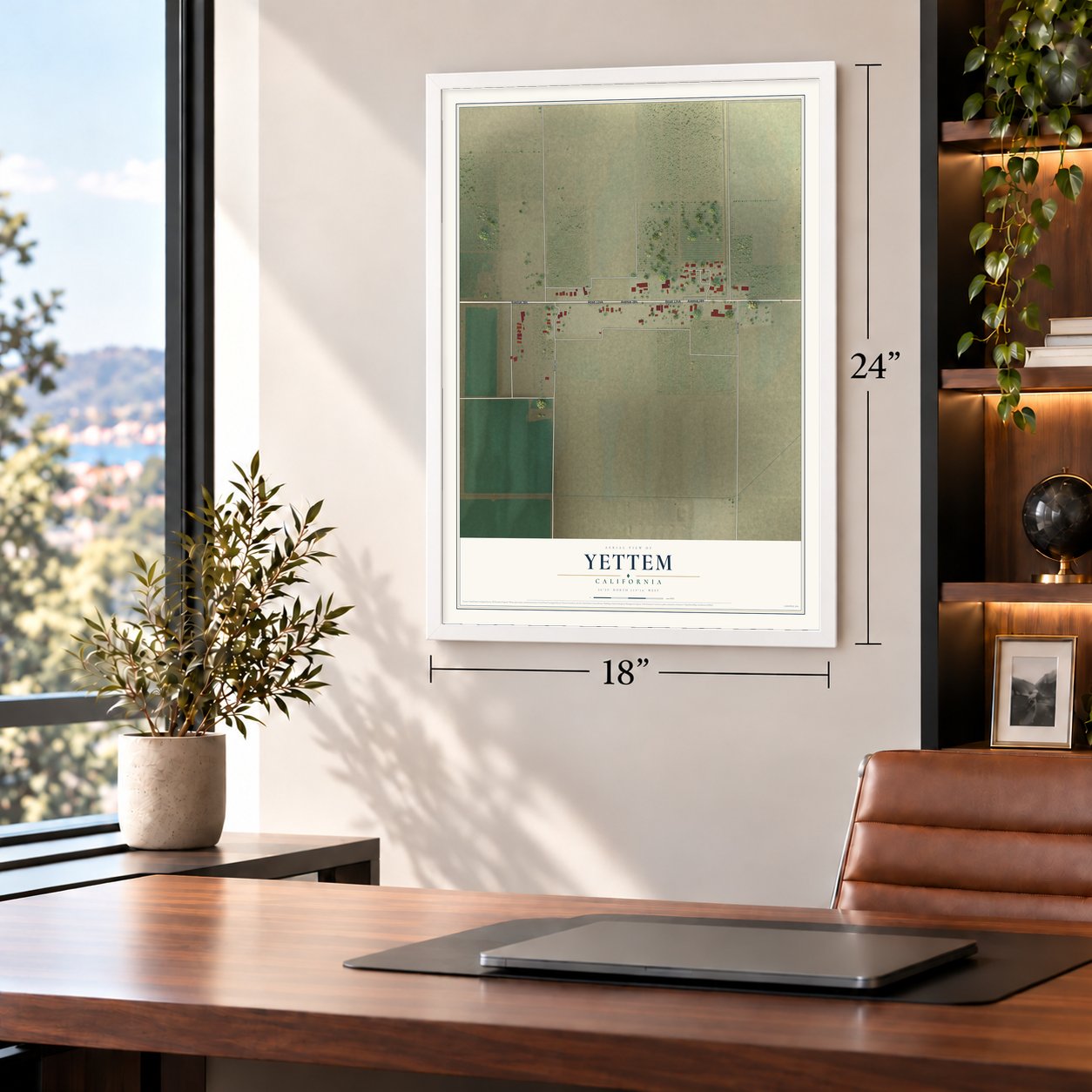 Yettem, California map, 18 x 24 inch print in a white frame in a home office