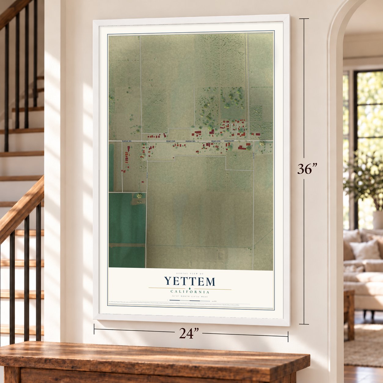 Yettem, California map, 24 x 36 inch print in a white frame by a staircase