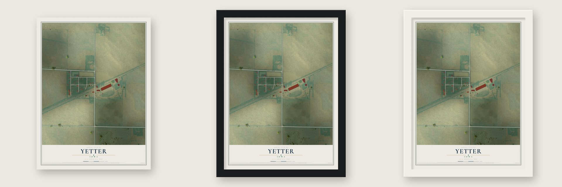 Yetter, Iowa map unframed, in a black wood frame and in a white wood frame