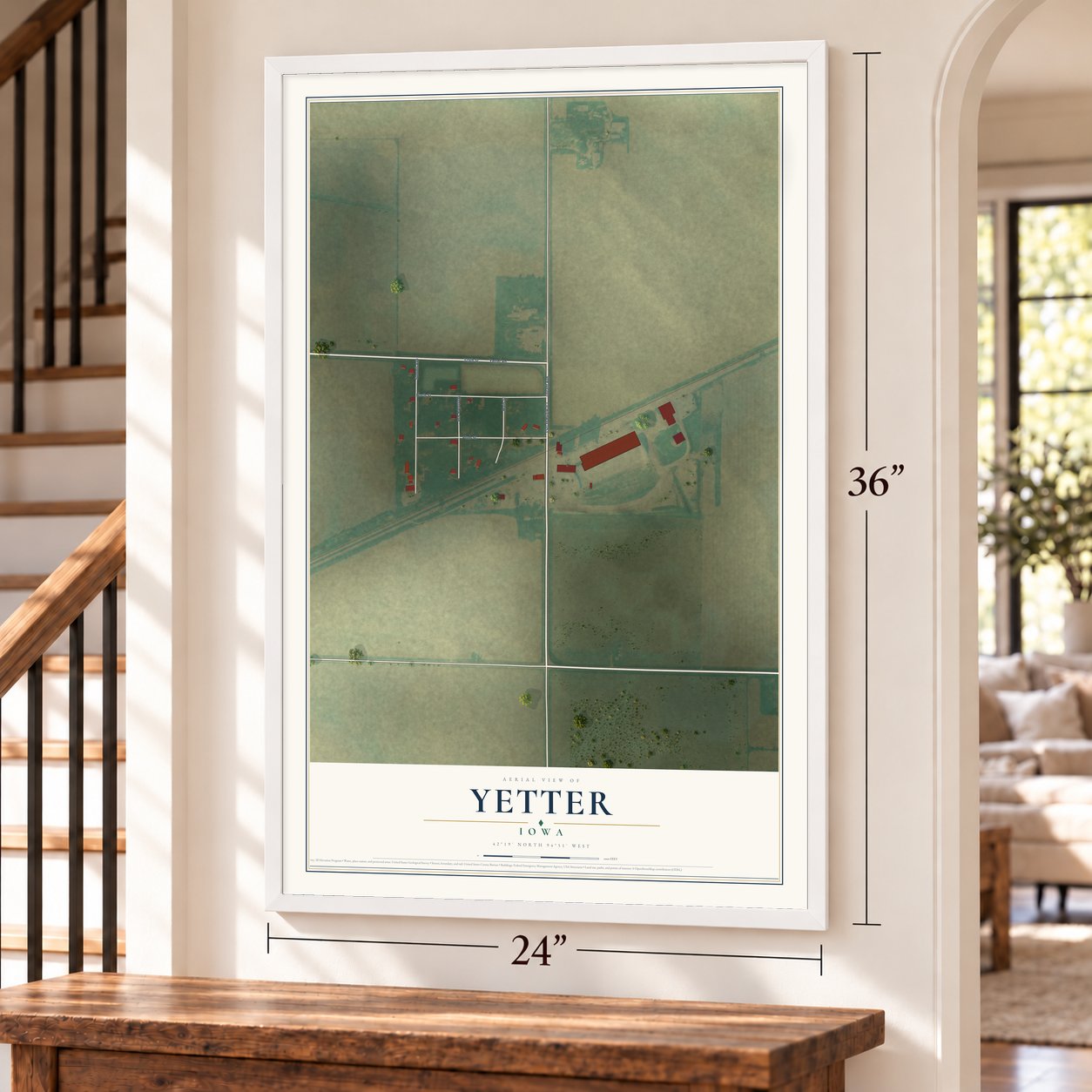 Yetter, Iowa map, 24 x 36 inch print in a white frame by a staircase