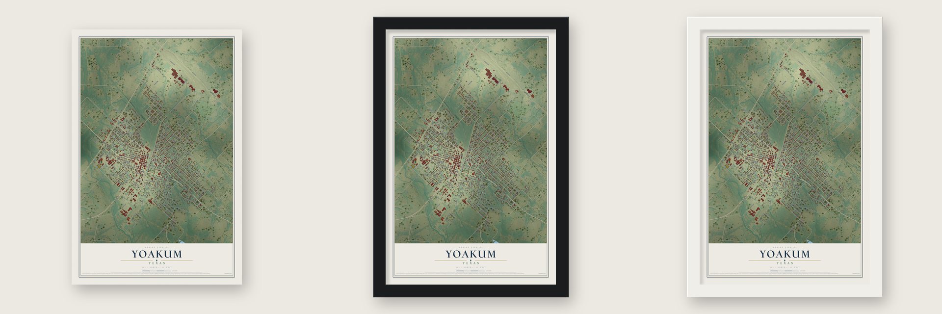 Yoakum, Texas map unframed, in a black wood frame and in a white wood frame