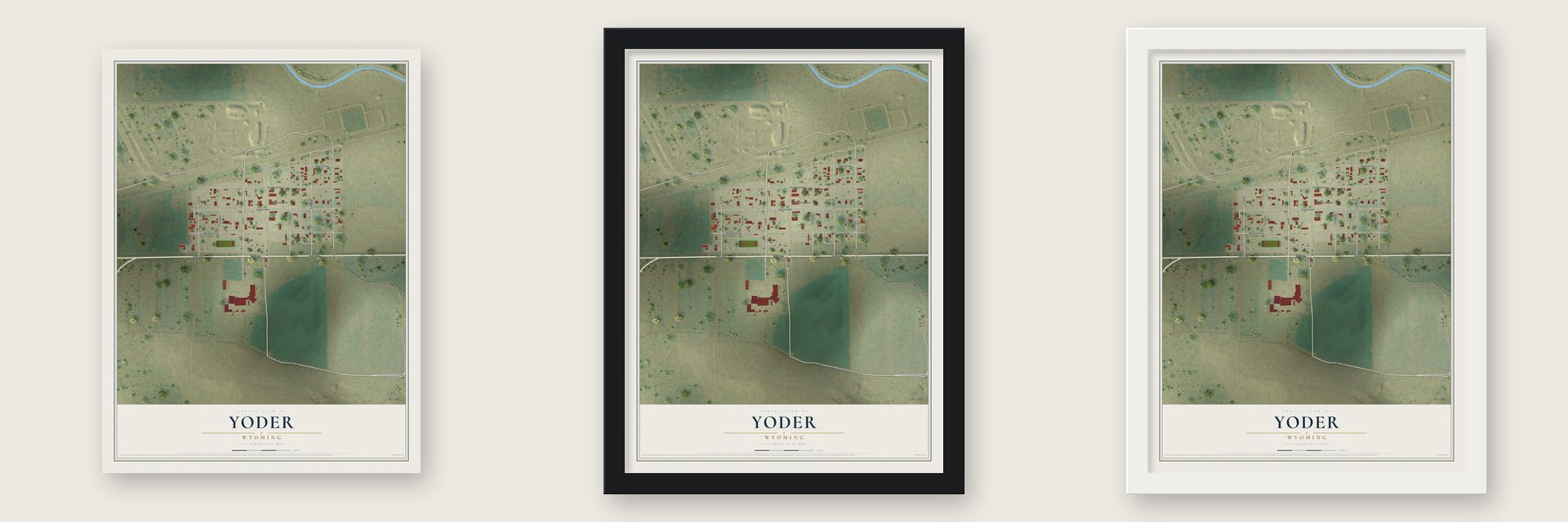 Yoder, Wyoming map unframed, in a black wood frame and in a white wood frame