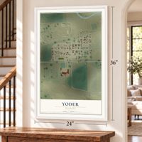 Yoder, Wyoming map, 24 x 36 inch print in a white frame by a staircase