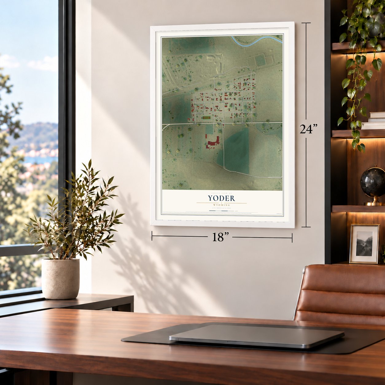 Yoder, Wyoming map, 18 x 24 inch print in a white frame in a home office