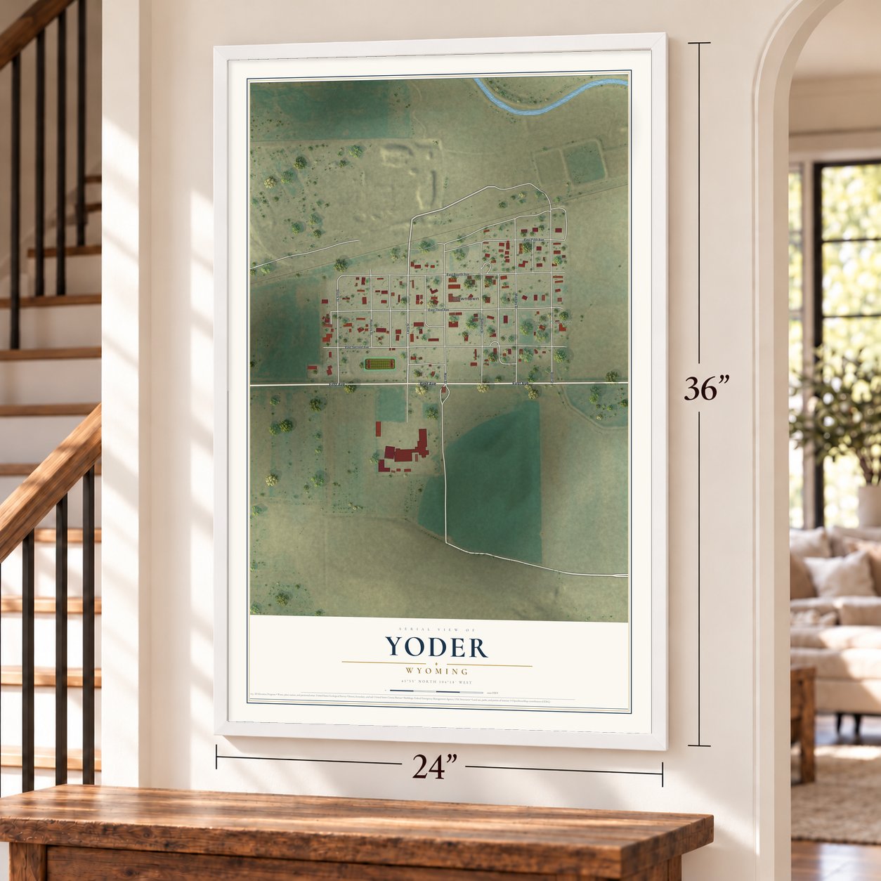 Yoder, Wyoming map, 24 x 36 inch print in a white frame by a staircase