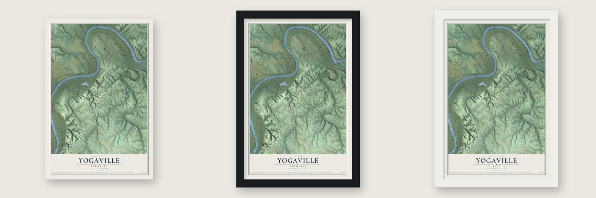 Yogaville, Virginia map unframed, in a black wood frame and in a white wood frame