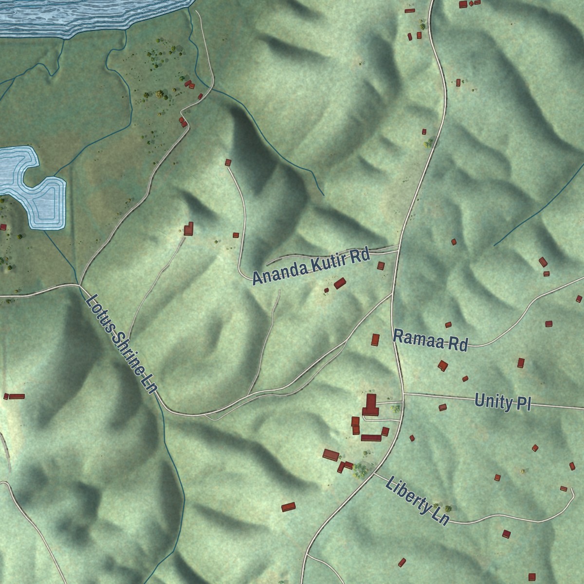 Second close-up of the map of Yogaville, Virginia print showing more streets and buildings