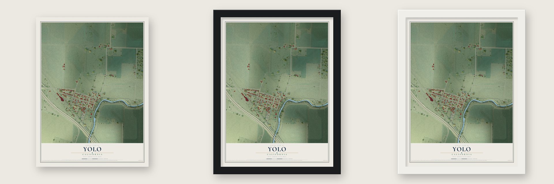 Yolo, California map unframed, in a black wood frame and in a white wood frame