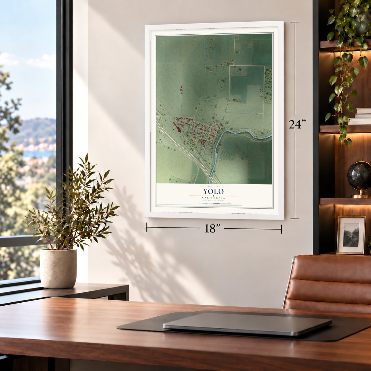 Yolo, California map, 18 x 24 inch print in a white frame in a home office