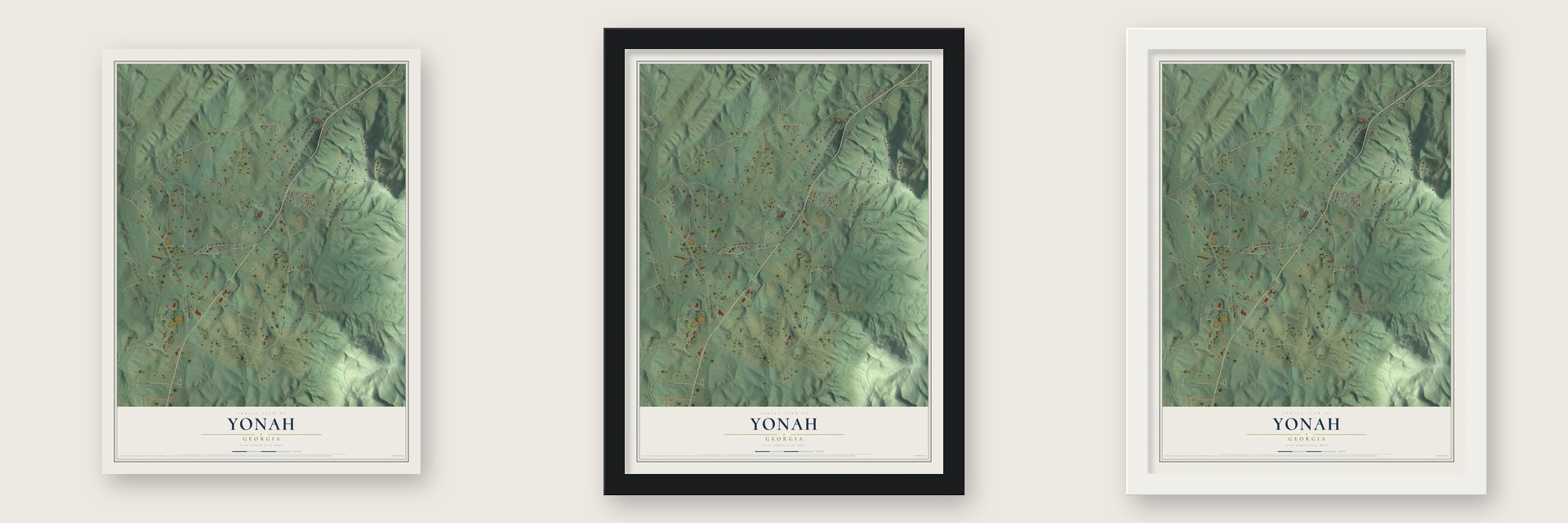 Yonah, Georgia map unframed, in a black wood frame and in a white wood frame