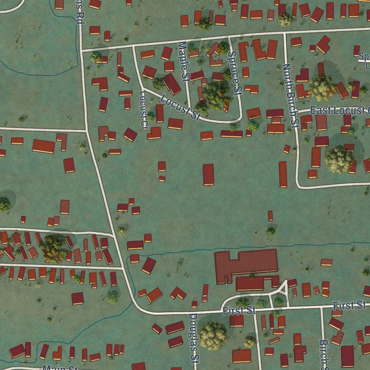 Second close-up of the map of Yoncalla, Oregon print showing more streets and buildings