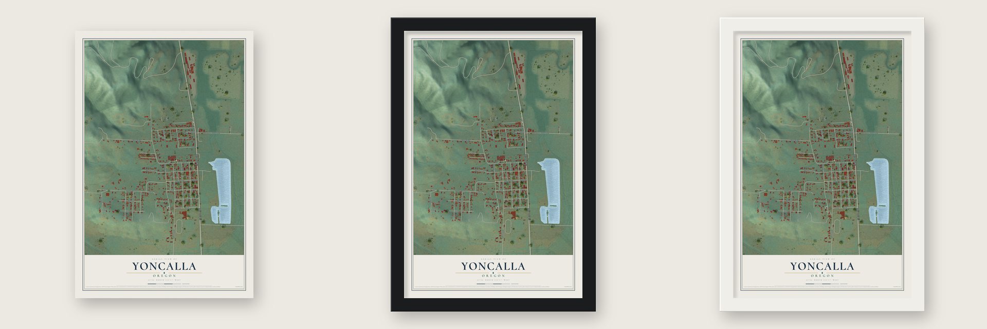 Yoncalla, Oregon map unframed, in a black wood frame and in a white wood frame