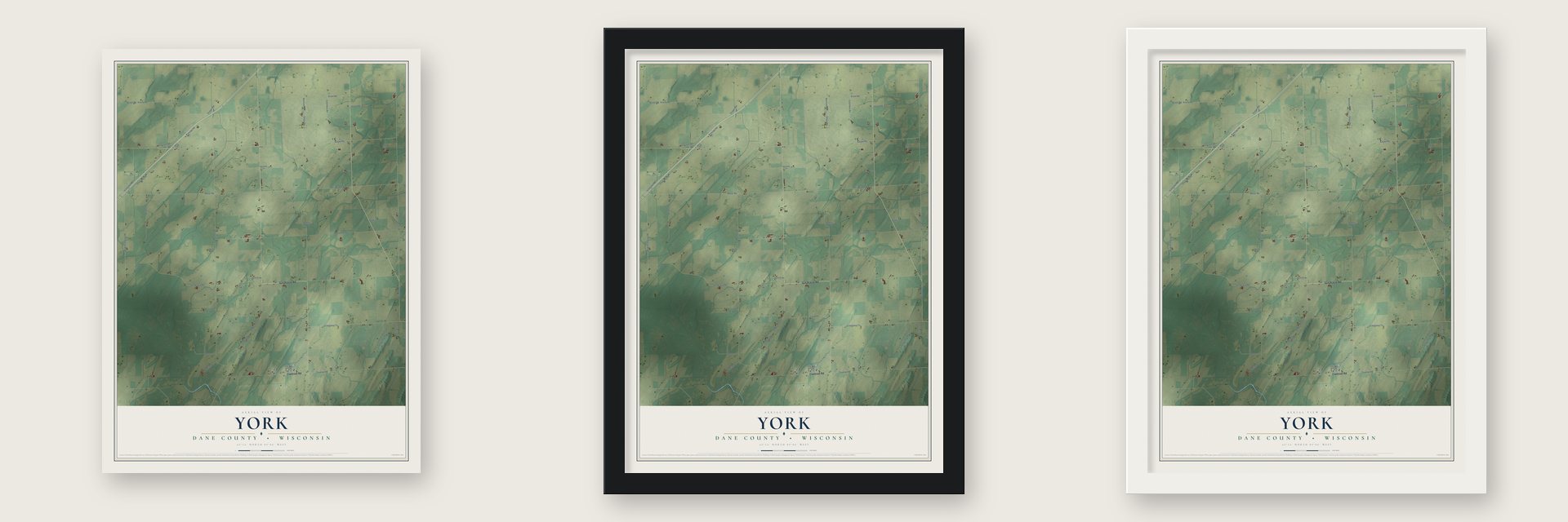 York, Dane County, Wisconsin map unframed, in a black wood frame and in a white wood frame