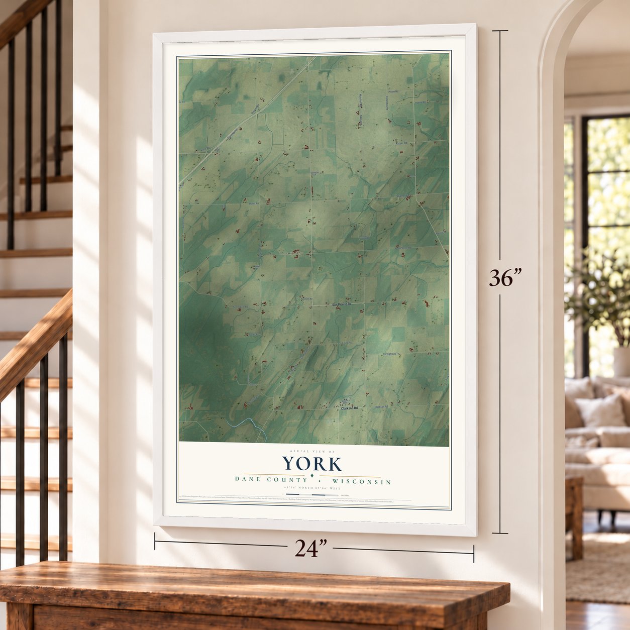 York, Dane County, Wisconsin map, 24 x 36 inch print in a white frame by a staircase