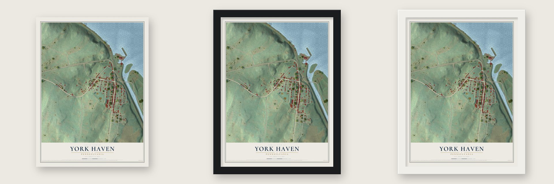 York Haven, Pennsylvania map unframed, in a black wood frame and in a white wood frame