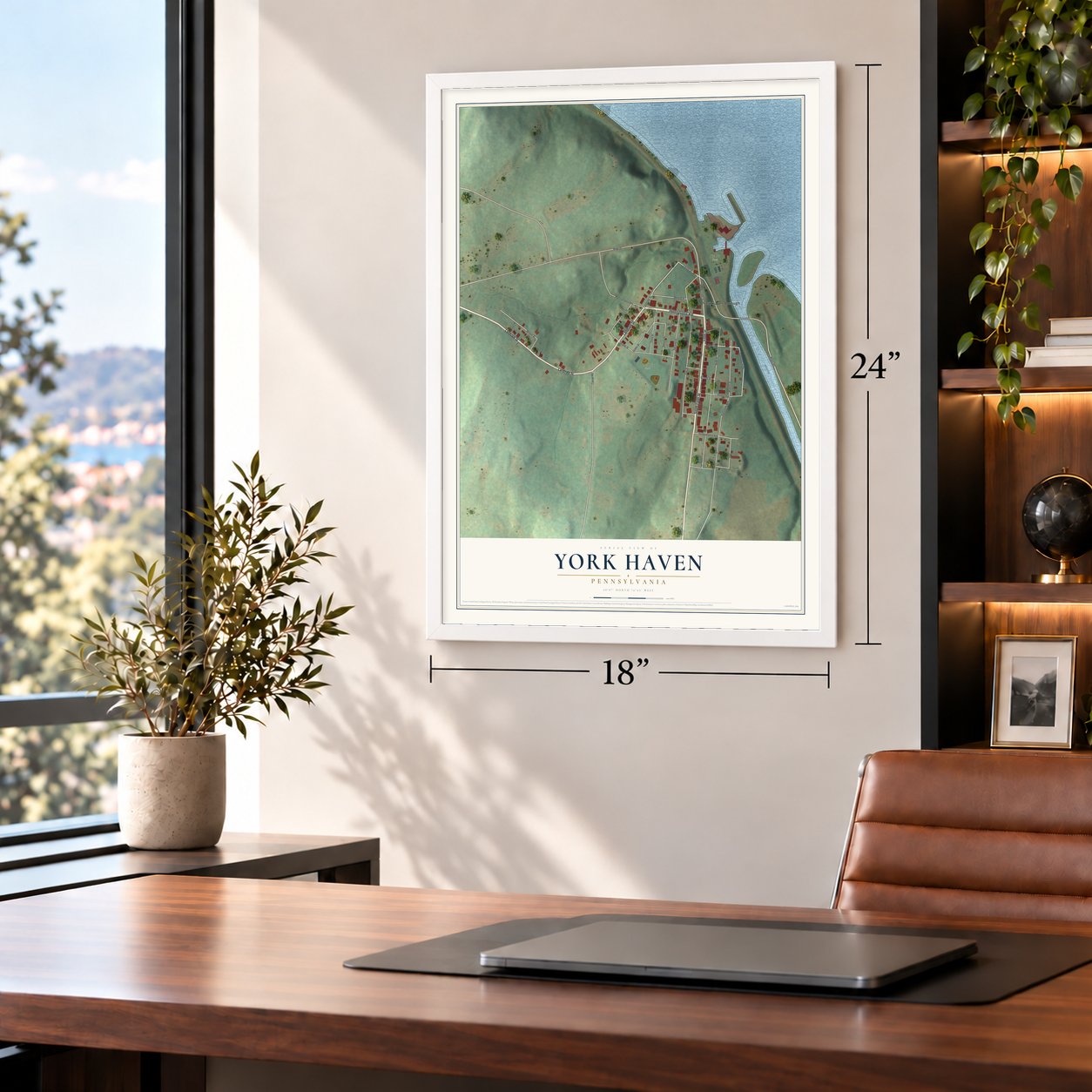 York Haven, Pennsylvania map, 18 x 24 inch print in a white frame in a home office
