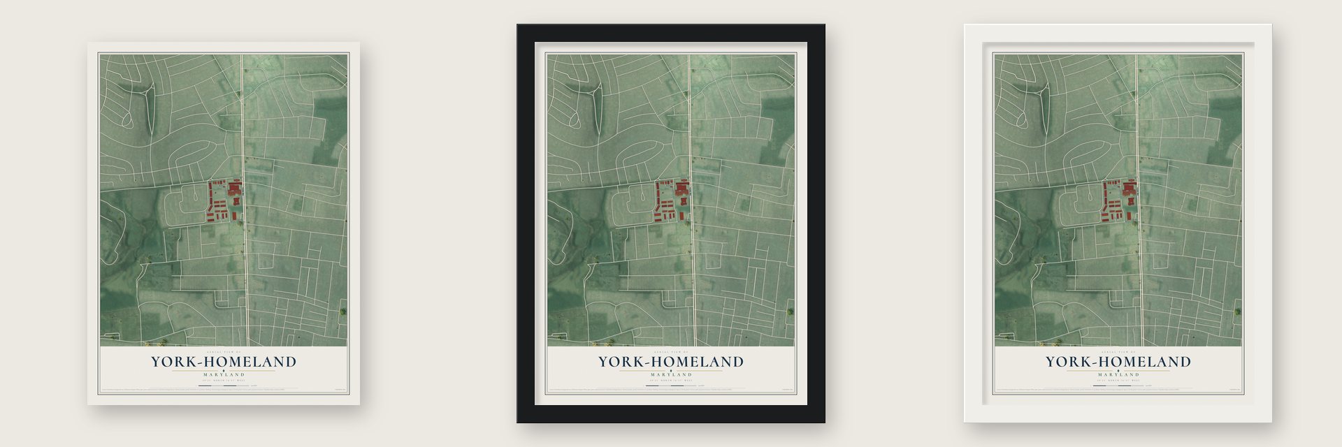 York-Homeland, Maryland map unframed, in a black wood frame and in a white wood frame