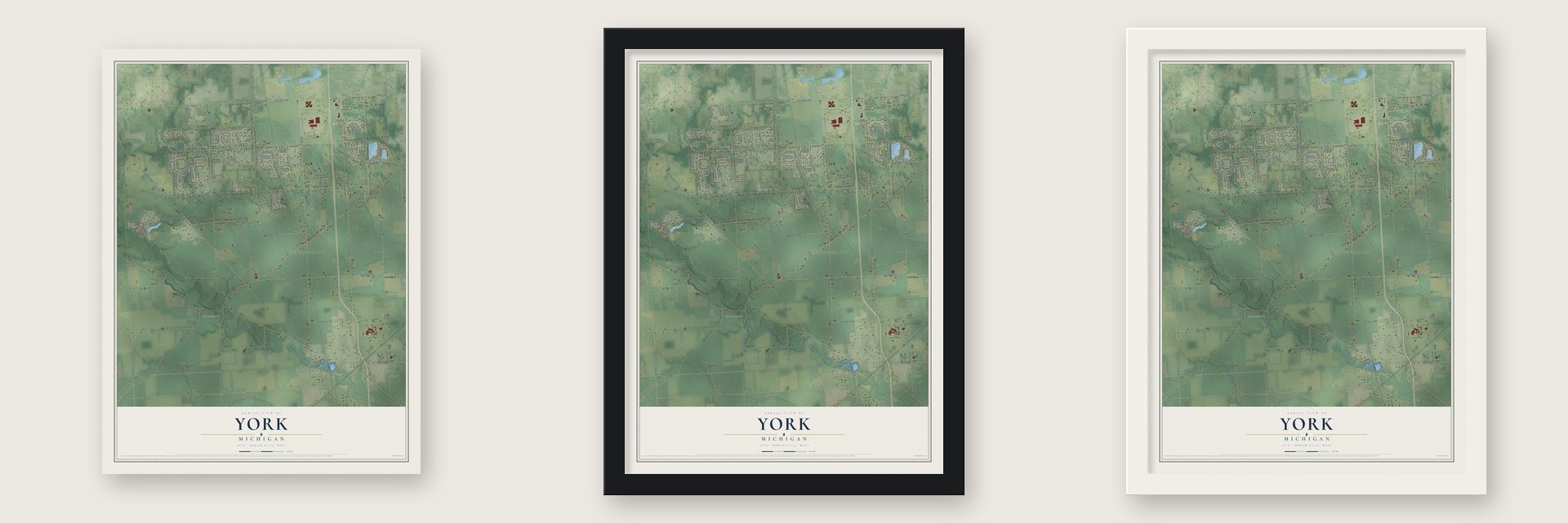 York, Michigan map unframed, in a black wood frame and in a white wood frame