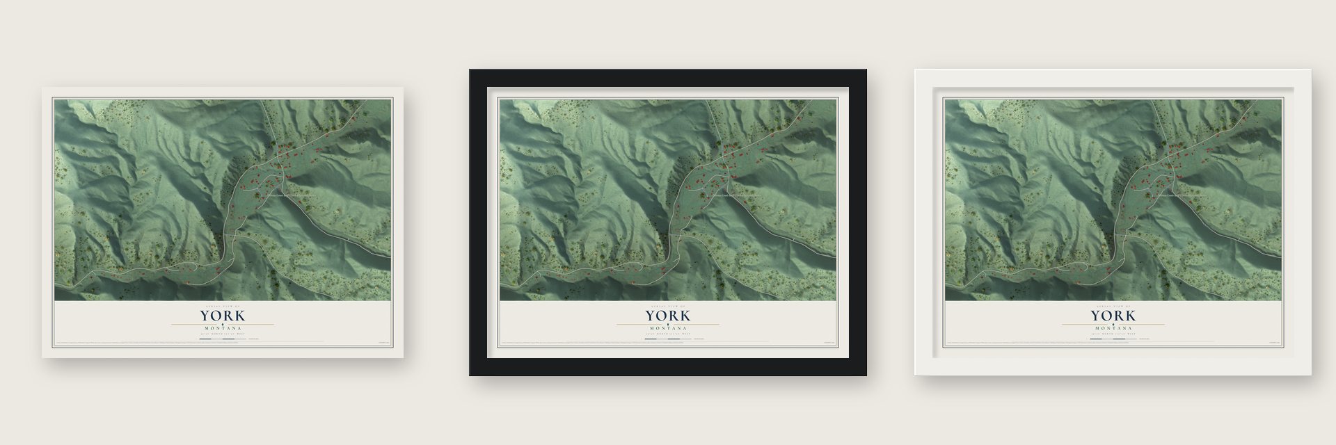 York, Montana map unframed, in a black wood frame and in a white wood frame