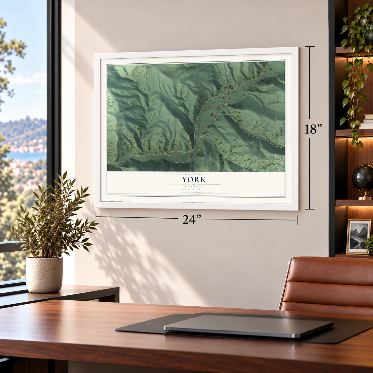 York, Montana map, 18 x 24 inch print in a white frame in a home office