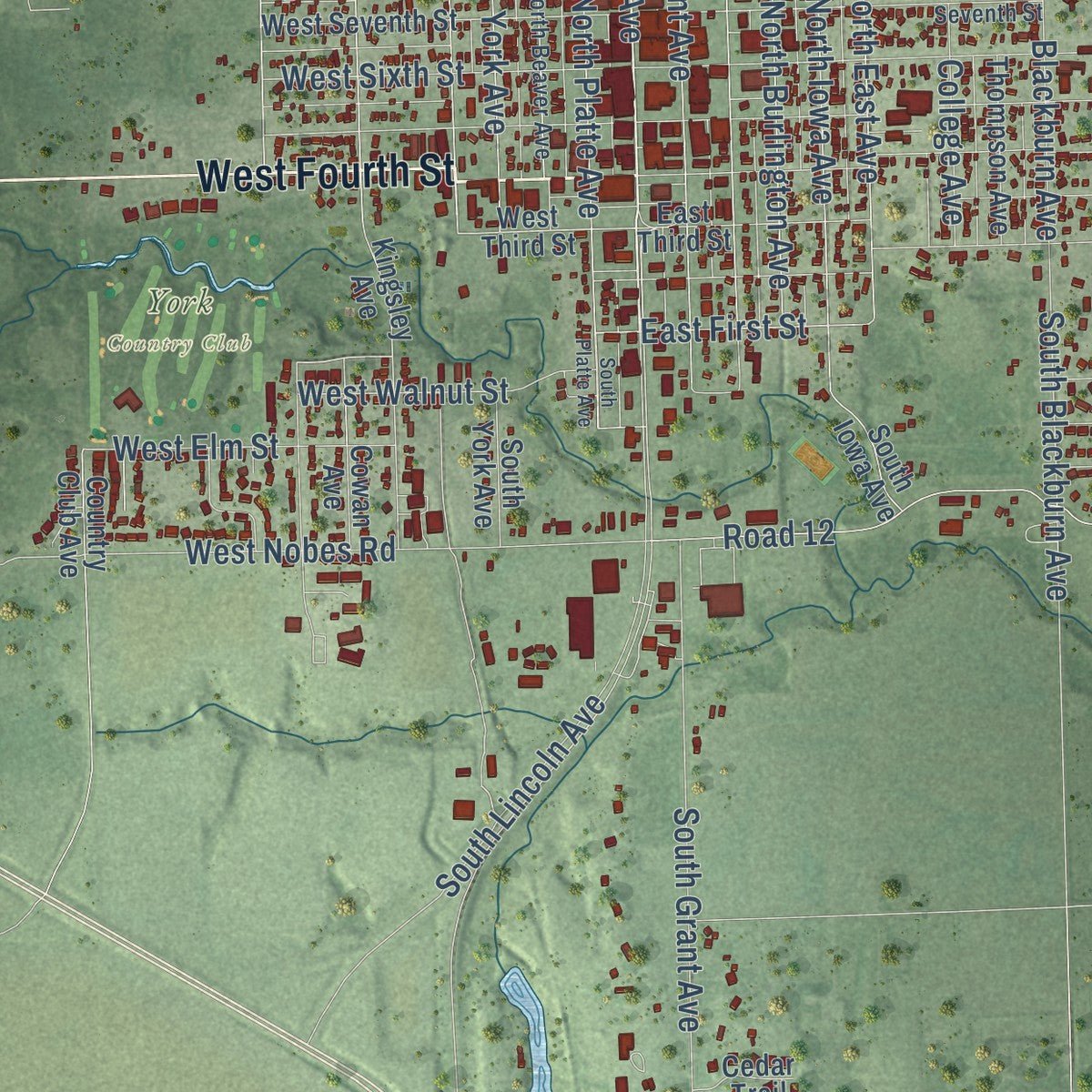Second close-up of the map of York, Nebraska print showing more streets and buildings