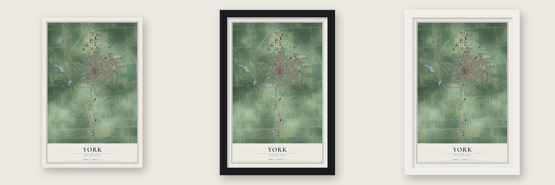 York, Nebraska map unframed, in a black wood frame and in a white wood frame