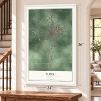 York, Nebraska map, 24 x 36 inch print in a white frame by a staircase