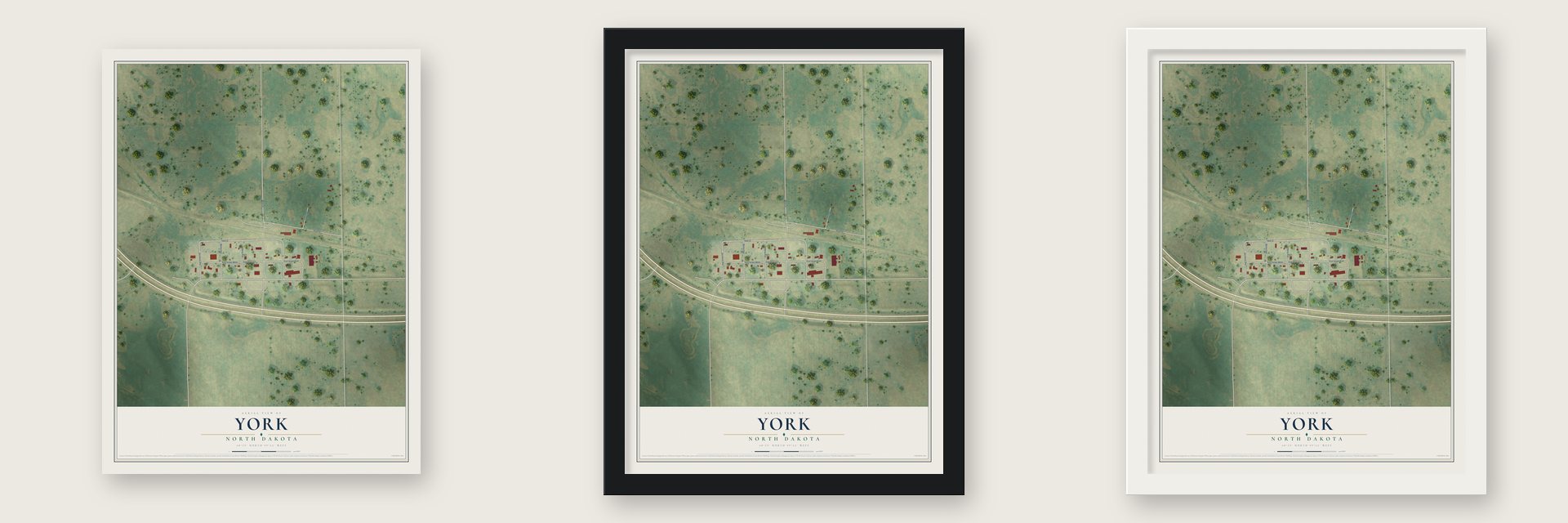 York, North Dakota map unframed, in a black wood frame and in a white wood frame