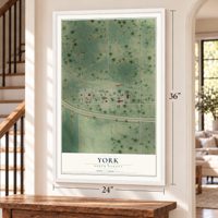 York, North Dakota map, 24 x 36 inch print in a white frame by a staircase