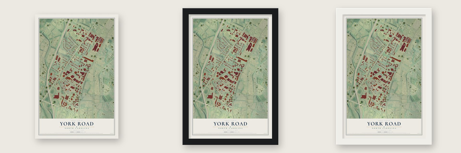 York Road, North Carolina map unframed, in a black wood frame and in a white wood frame