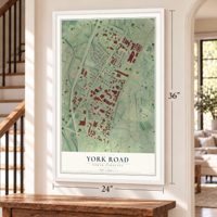 York Road, North Carolina map, 24 x 36 inch print in a white frame by a staircase