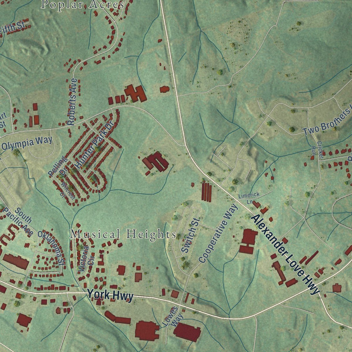 Second close-up of the map of York, South Carolina print showing more streets and buildings