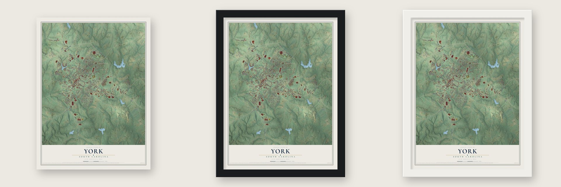 York, South Carolina map unframed, in a black wood frame and in a white wood frame