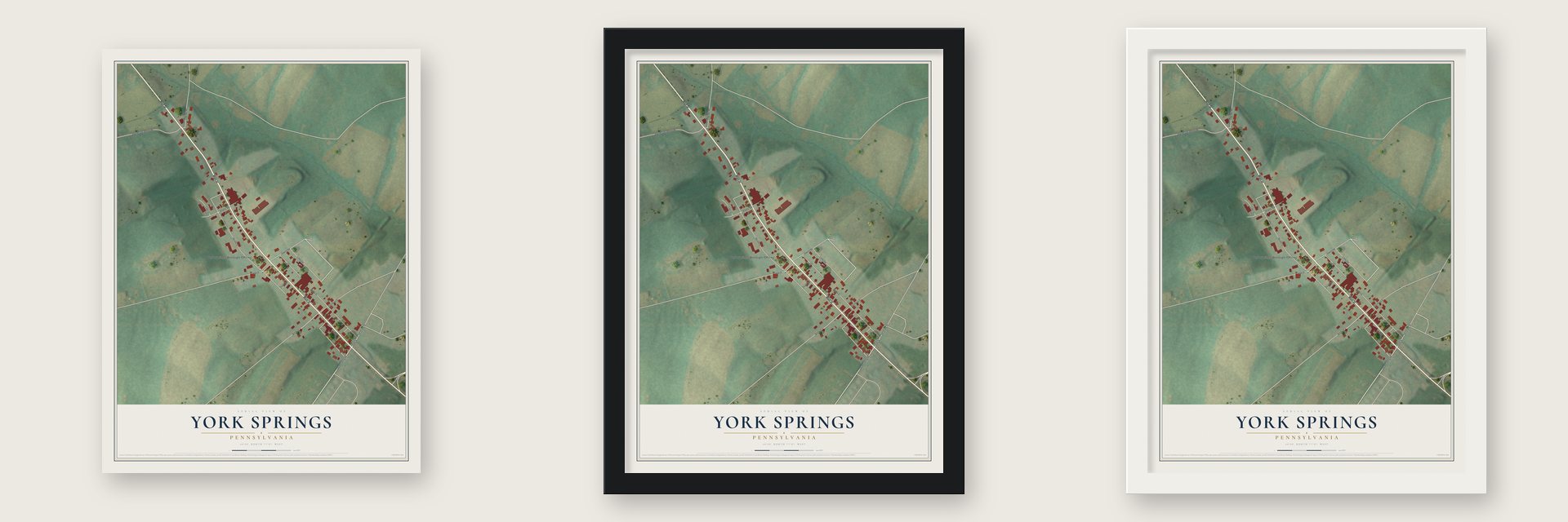 York Springs, Pennsylvania map unframed, in a black wood frame and in a white wood frame
