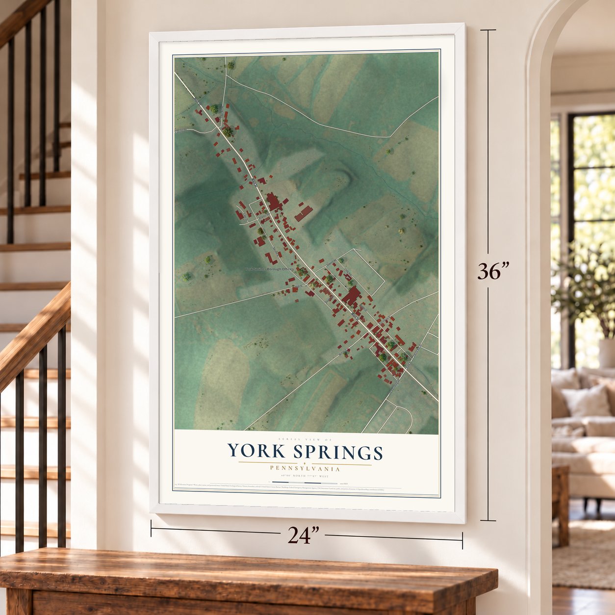 York Springs, Pennsylvania map, 24 x 36 inch print in a white frame by a staircase