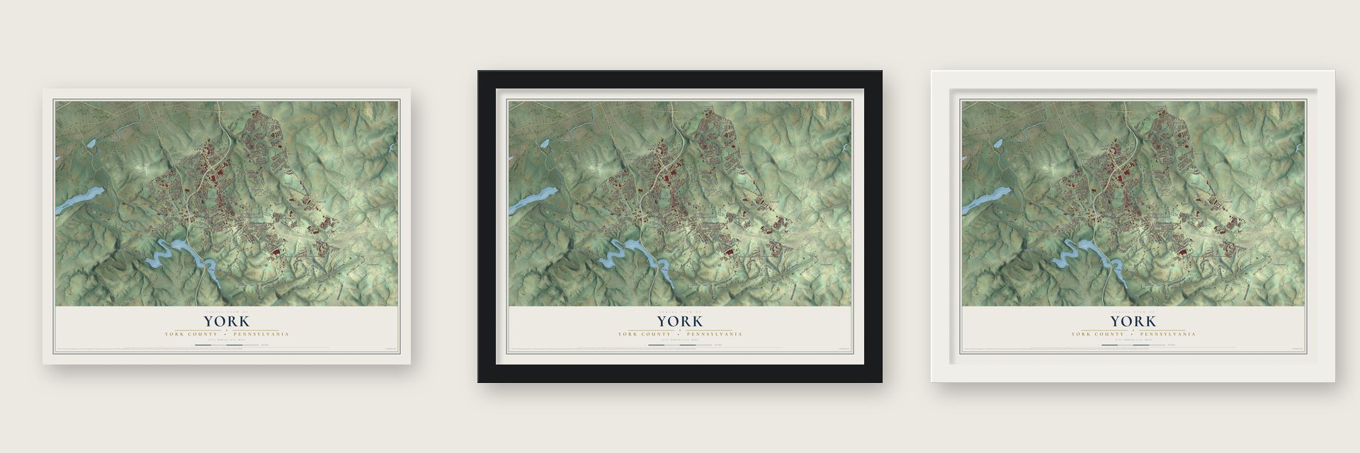 York, York County, Pennsylvania map unframed, in a black wood frame and in a white wood frame