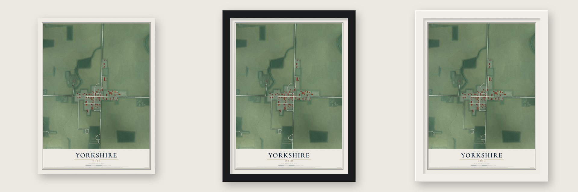 Yorkshire, Ohio map unframed, in a black wood frame and in a white wood frame