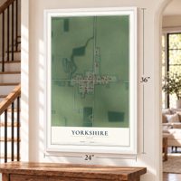 Yorkshire, Ohio map, 24 x 36 inch print in a white frame by a staircase