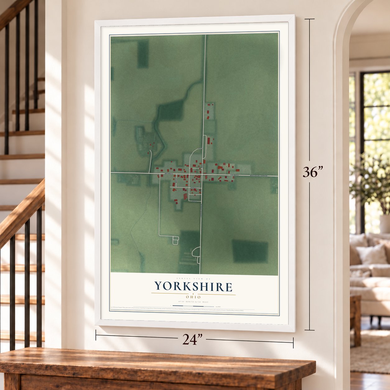 Yorkshire, Ohio map, 24 x 36 inch print in a white frame by a staircase