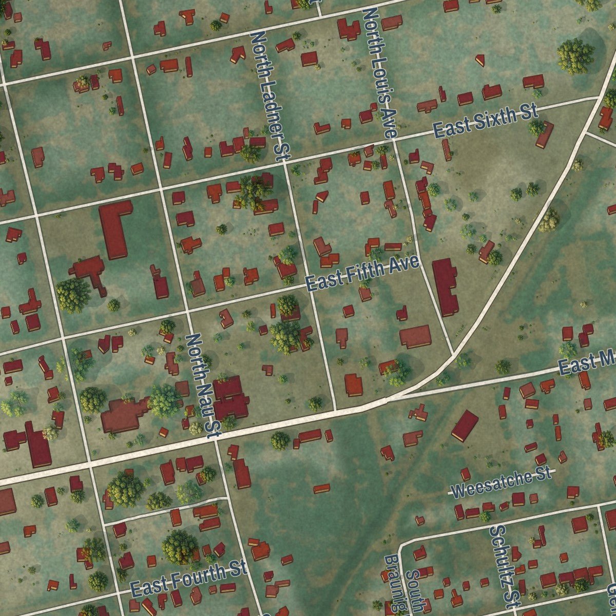 Second close-up of the map of Yorktown, Texas print showing more streets and buildings
