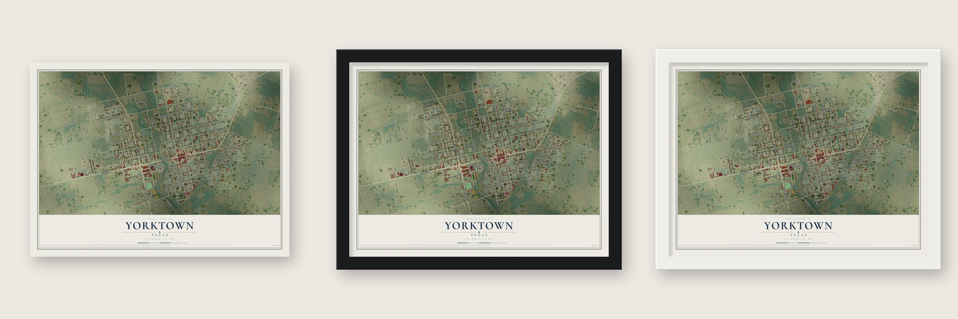 Yorktown, Texas map unframed, in a black wood frame and in a white wood frame