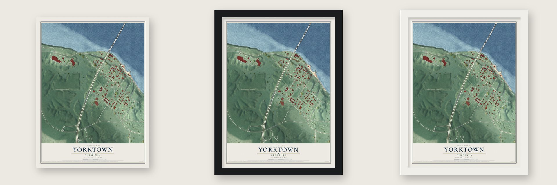 Yorktown, Virginia map unframed, in a black wood frame and in a white wood frame