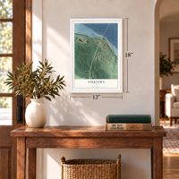 Yorktown, Virginia map, 12 x 18 inch print in a white frame in an entryway