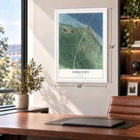 Yorktown, Virginia map, 18 x 24 inch print in a white frame in a home office