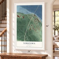 Yorktown, Virginia map, 24 x 36 inch print in a white frame by a staircase