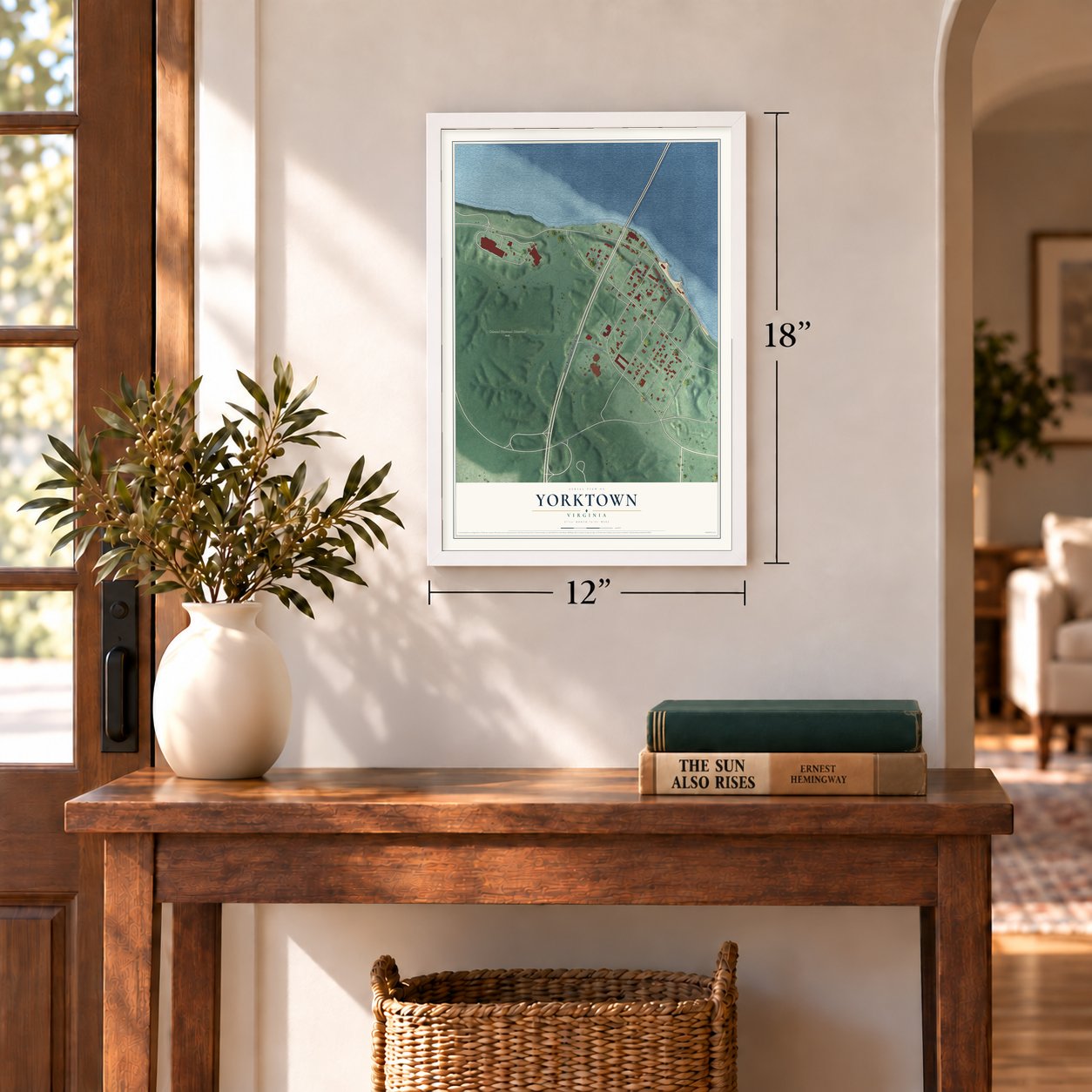 Yorktown, Virginia map, 12 x 18 inch print in a white frame in an entryway