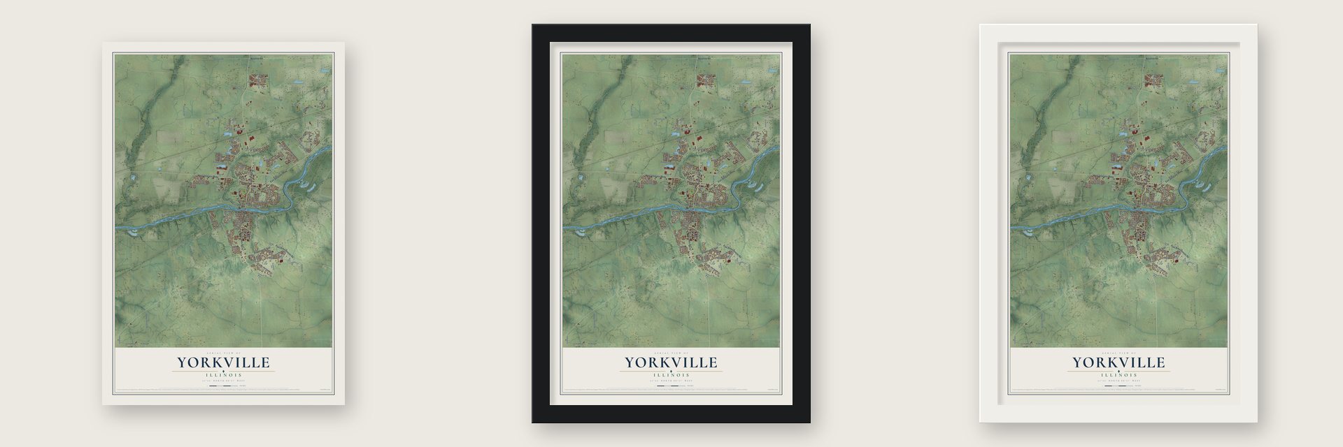 Yorkville, Illinois map unframed, in a black wood frame and in a white wood frame